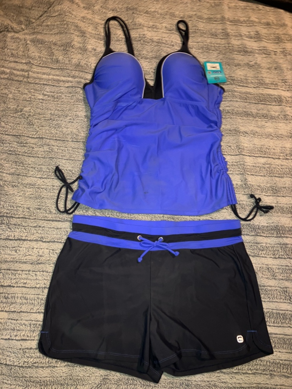 Free Country Periwinkle Blue Purple and Charcoal Tankini and Swim Shorts Set